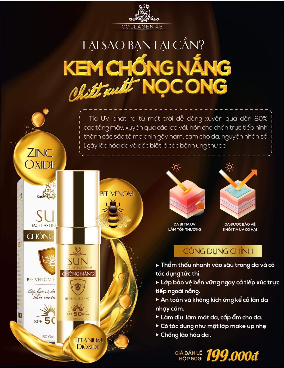 Kem chống nắng nọc ong Collagen X3 Mỹ phẩm Đông Anh - KCNX3