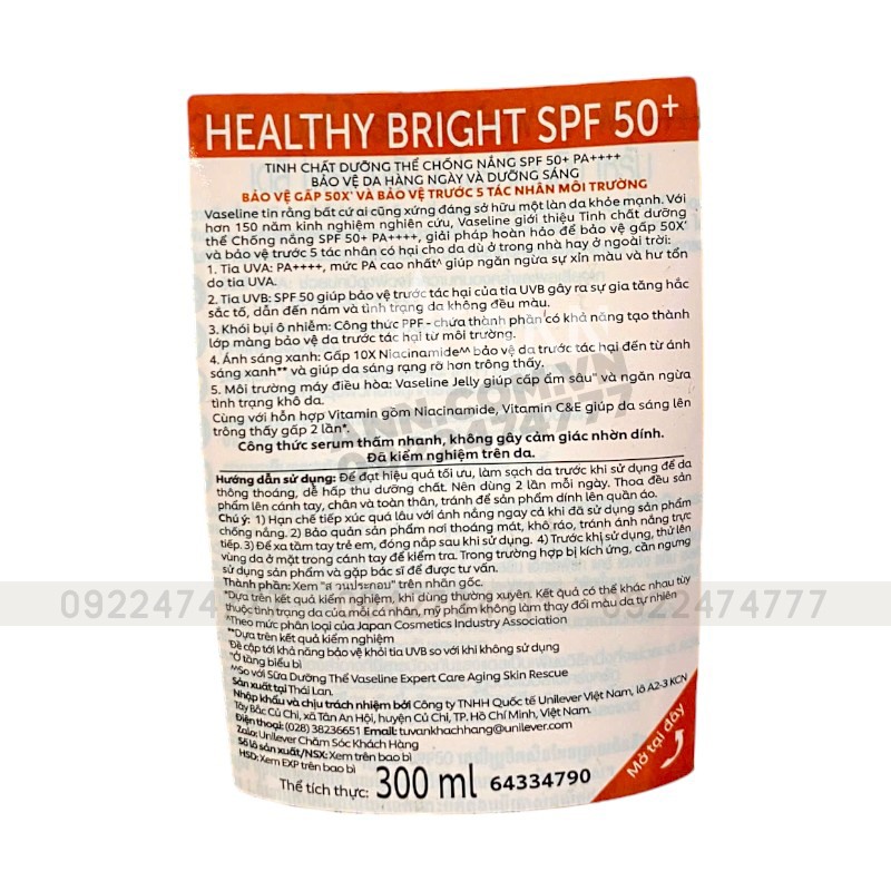 Giá sỉ sữa Dưỡng Thể Vaseline Healthy Bright Spf 50+ Daily Protection Brightening Serum 300ml (Hàng nhập khẩu có tem phụ)