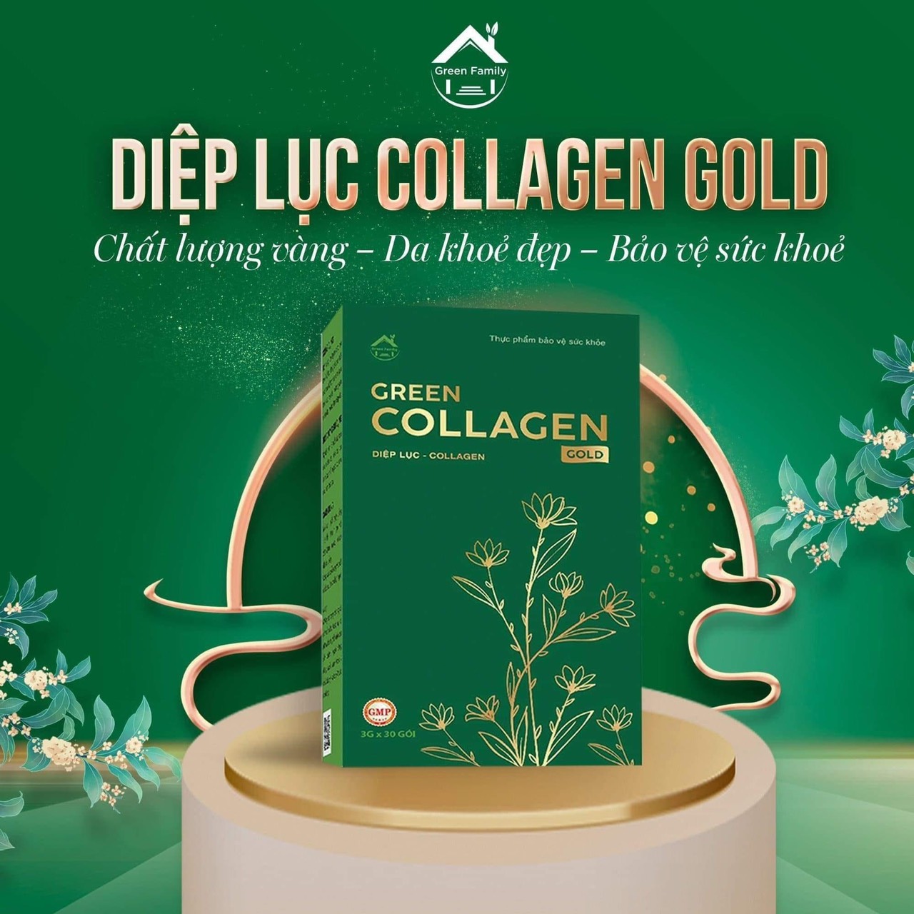 Diệp lục Collagen Gold hộp lớn 30 gói chính hãng Green Family