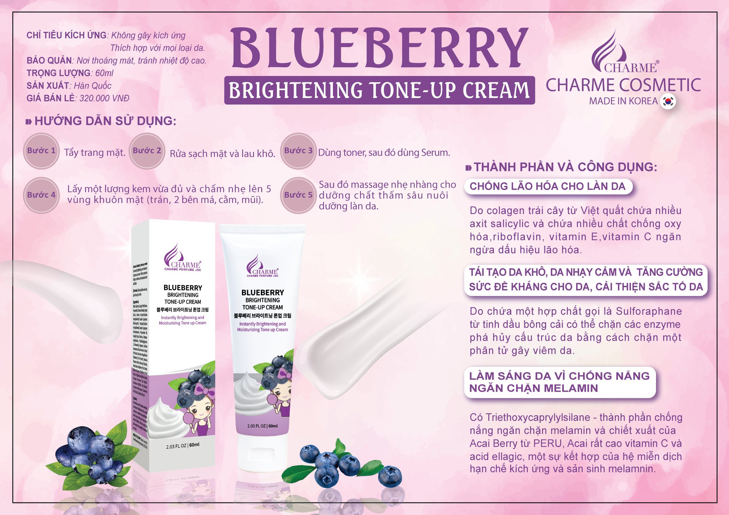 Giá sỉ kem Dưỡng Da Mặt Blueberry Charme Brightening Tone Up Cream