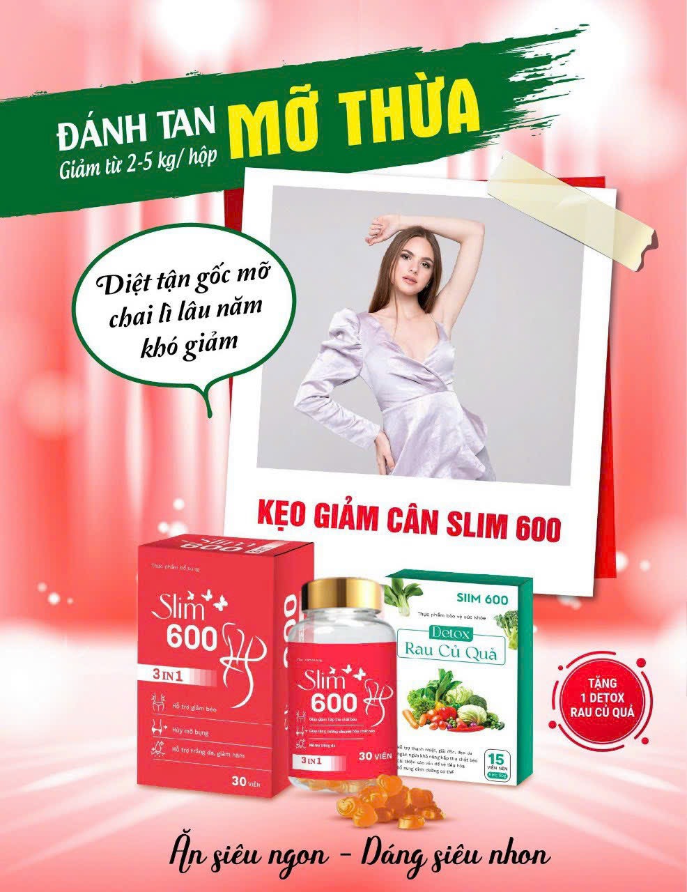 Kẹo Giảm Cân Slim 600 3IN1 Tặng Detox Rau Củ