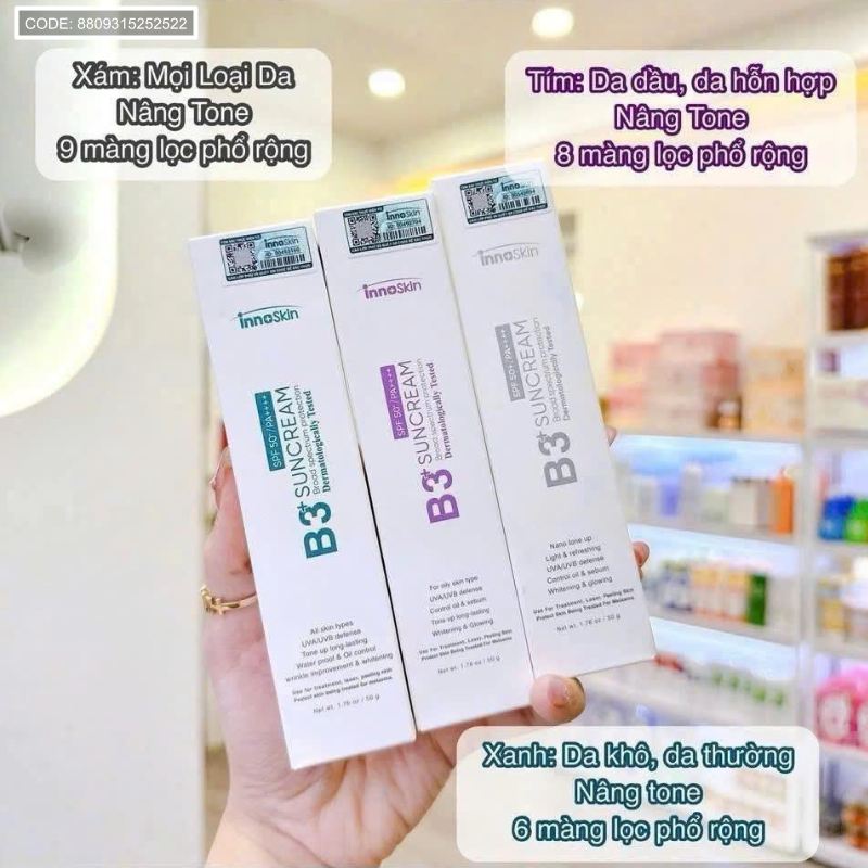 Kho sỉ kem Chống Nắng B3 InnoSkin Màu Tím Cho Da Dầu