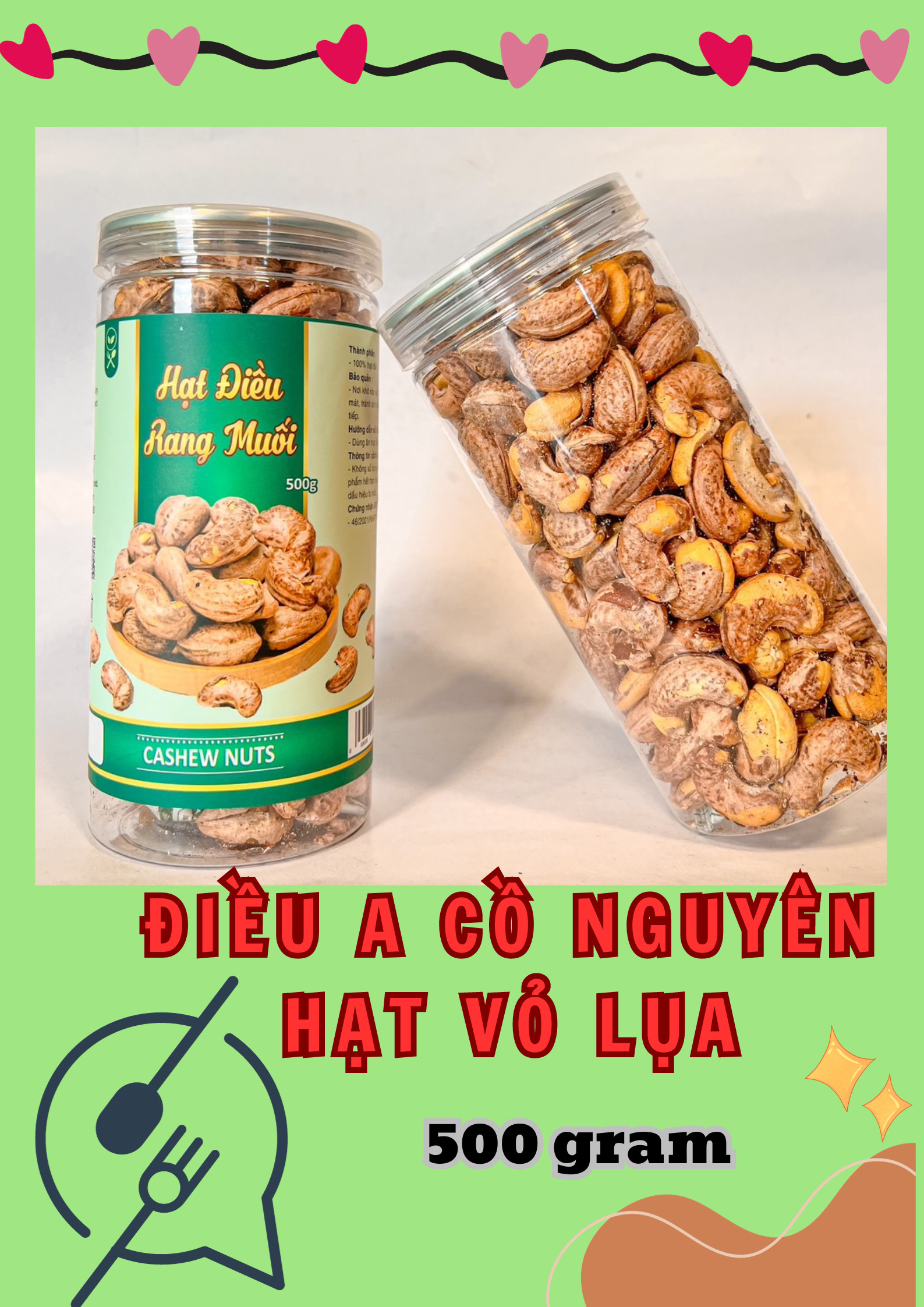 Hạt Điều Cồ A Rang Muối Nguyên Hạt Vỏ Lụa (Loại xuất khẩu) 500g