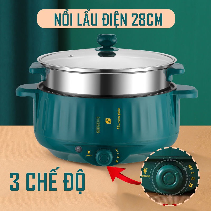Nồi Lẩu Điện Thông Minh - Bếp Điện Công Suất Lớn 1000W - Tặng Kèm Giá Hấp Inox 34x17cm