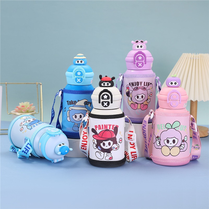Sỉ bình Nước Giữ Nhiệt Cho Bé In Hoạt Hình Có Quai Đeo 450ml