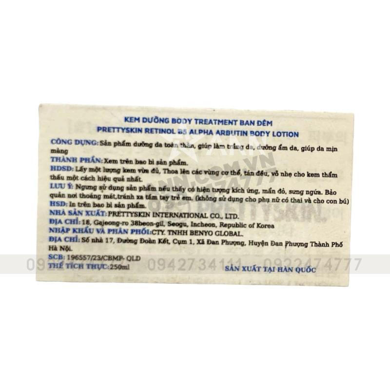 Giá sỉ kem Body Prettyskin Màu Xanh Ban Đêm Retinol B5 Alpha Arbutin Body Lotion 250ml