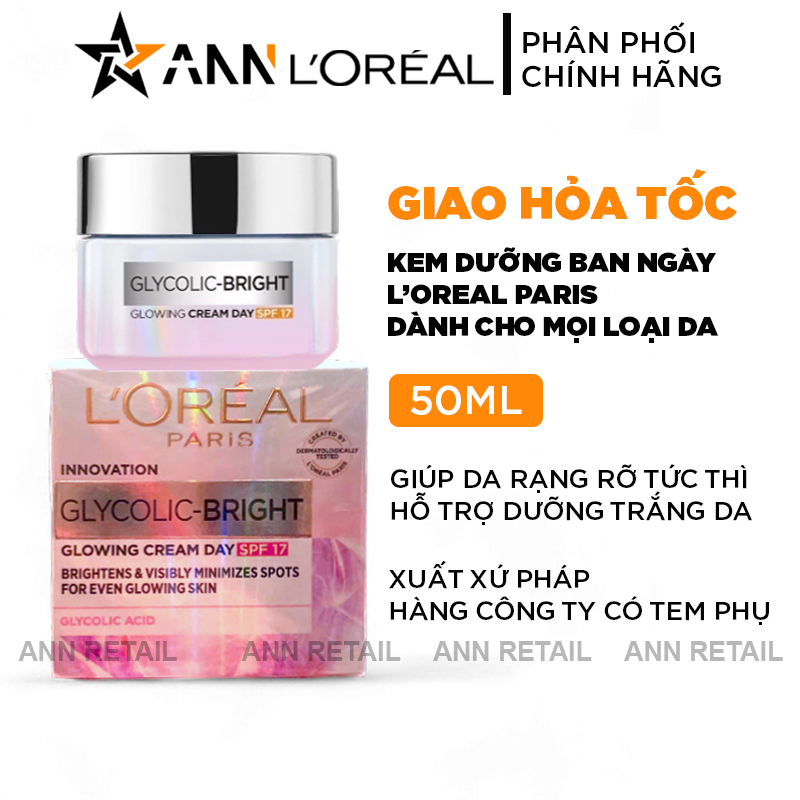 25391_bia-kd_20241008085753-4.png Kem Dưỡng Trắng Da Loreal Paris Ban Ngày Glycolic-Bright Glowing Cream Day SPF 17 50ml - 8994993016525