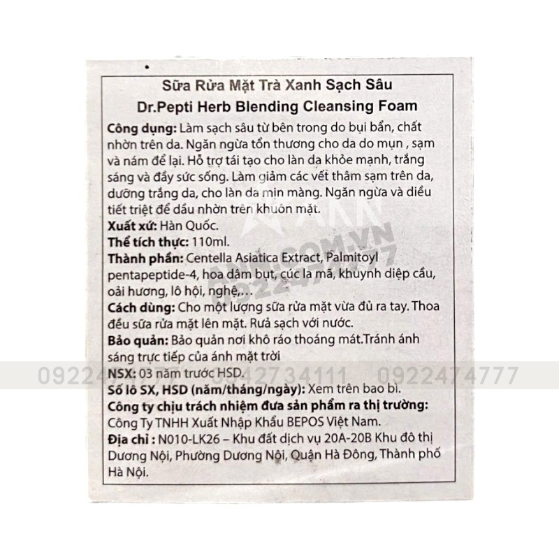 Sữa Rửa Mặt Dr.Pepti Hàn Quốc Herb Blending Chiết Xuất Trà Xanh 110ml phù hợp da dầu mụn, da nhạy cảm