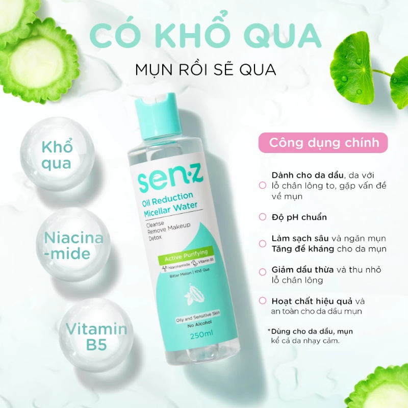 Nước Tẩy Trang Senz Aqua Boost Micellar Water Chiết Xuất Khổ Qua 250ml - Nước Tẩy Trang Cho Da Dầu Mụn