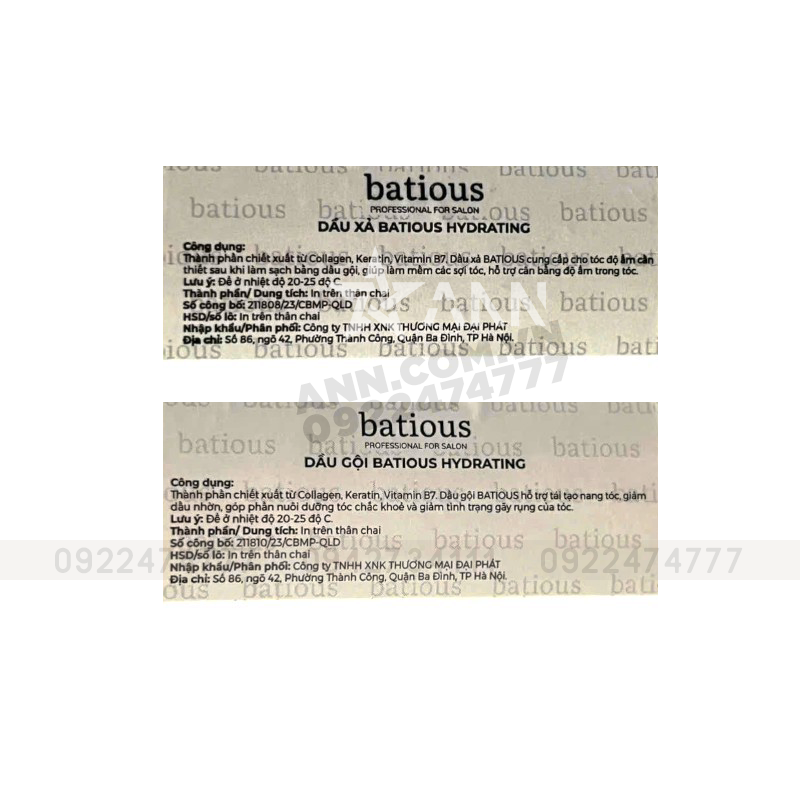 Combo Dầu Gội Xả Batious Hydrating Shampoo Màu Trắng - Dành Cho Tóc Khô Xơ 500ml