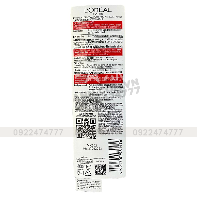 Sỉ nước Tẩy Trang Loreal Paris Màu Xám Sạch Sâu Kiềm Dầu Revitalift Crystal Micellar Water 400ml