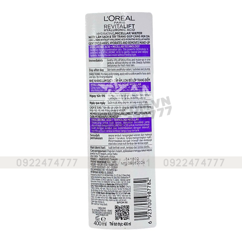 Nước Tẩy Trang Loreal Màu Tím Sạch Sâu Cấp Ẩm Revitalift Hyaluronic Acid Micellar Water 400ml - Hàng Công Ty Có Tem Phụ