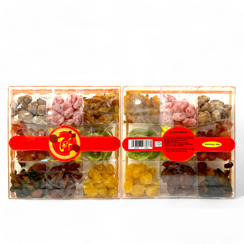 Set Hộp Mix Mứt 9 Vị (Đào Hồng, Đào Vàng, Đào Bổ, Kiwi, Mận Cơm, Xí Muội Voi, Nho Vàng, Nho Chile, Vỏ Bưởi Chanh Dây) Ngôi Sao Lớn 700G Hộp Tết