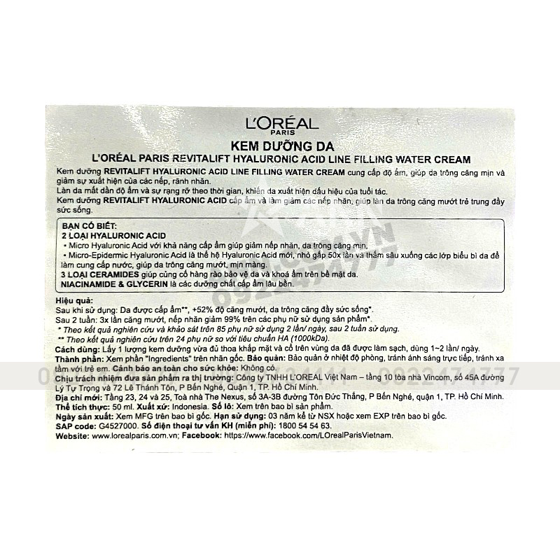 Kem Dưỡng Siêu Cấp Ẩm Loreal Paris Revitalift Hyaluronic Acid Line Filling Water 50ml