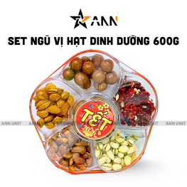 Set Hộp Mix Hạt 6 Vị (Hạt Điều Rang Muối, Quả Óc Chó Vàng, Quả Óc Chó Đỏ, Macca, Hạt Dẻ Cười, Hạnh Nhân Rang Bơ) Bông Mai 600G Hộp Tết - HLVHBM600