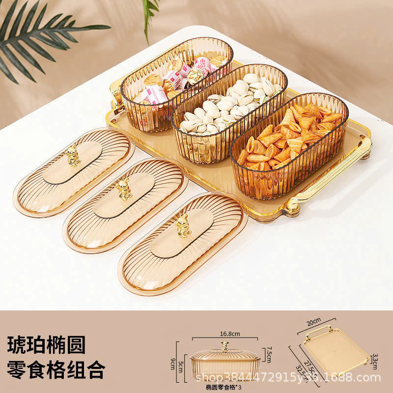 Bộ 3 Hộp Mứt Dài Nắp Gấu - Khay Đựng Mứt Tết Bánh Kẹo Chia Ngăn - Hũ Đựng Hoa Quả Bằng Nhựa 32,5x20x3,3cm & 16,8x9x7,5cm