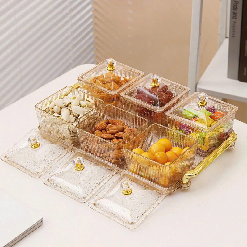 Giá sỉ bộ 6 Hộp Mứt - Khay Đựng Mứt Tết - Hũ Đựng Bánh Kẹo Hoa Quả Bằng Nhựa Kim Tuyến