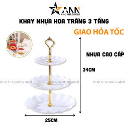 Khay Nhựa Hoa Trắng 3 Tầng - Khay Đựng Mứt Bánh Kẹo Tết 34x25cm - KDM3THT