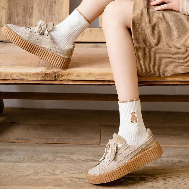 Set 5 Đôi Vớ Cổ Cao Họa Tiết Hình Gấu - Đôi Tất Cổ Cao Phong Cách Hàn Quốc