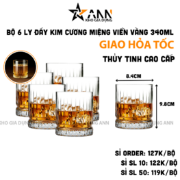 Bộ 6 Ly Đáy Kim Cương Trắng Trong Viền Vàng - Cốc Thủy Tinh Cao Cấp 340ml - LTTDKC01