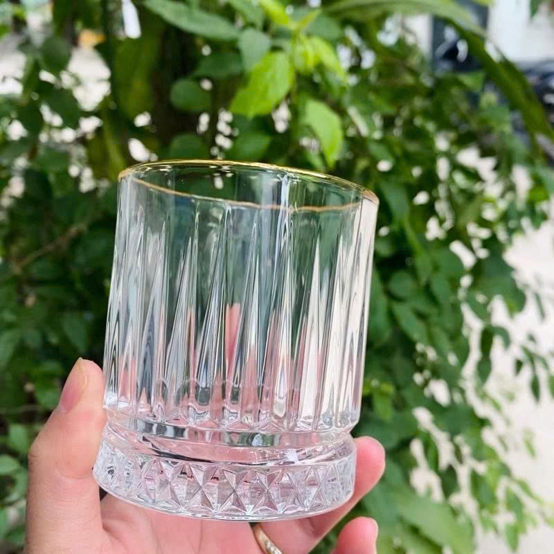 Bộ 6 Ly Đáy Kim Cương Trắng Trong Viền Vàng - Cốc Thủy Tinh Cao Cấp 340ml