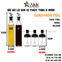 Bộ Hũ Lọ Gia Vị Thủy Tinh 5 Món 500ml 250ml 31x5.2cm & 15x6.5cm - BHTT02