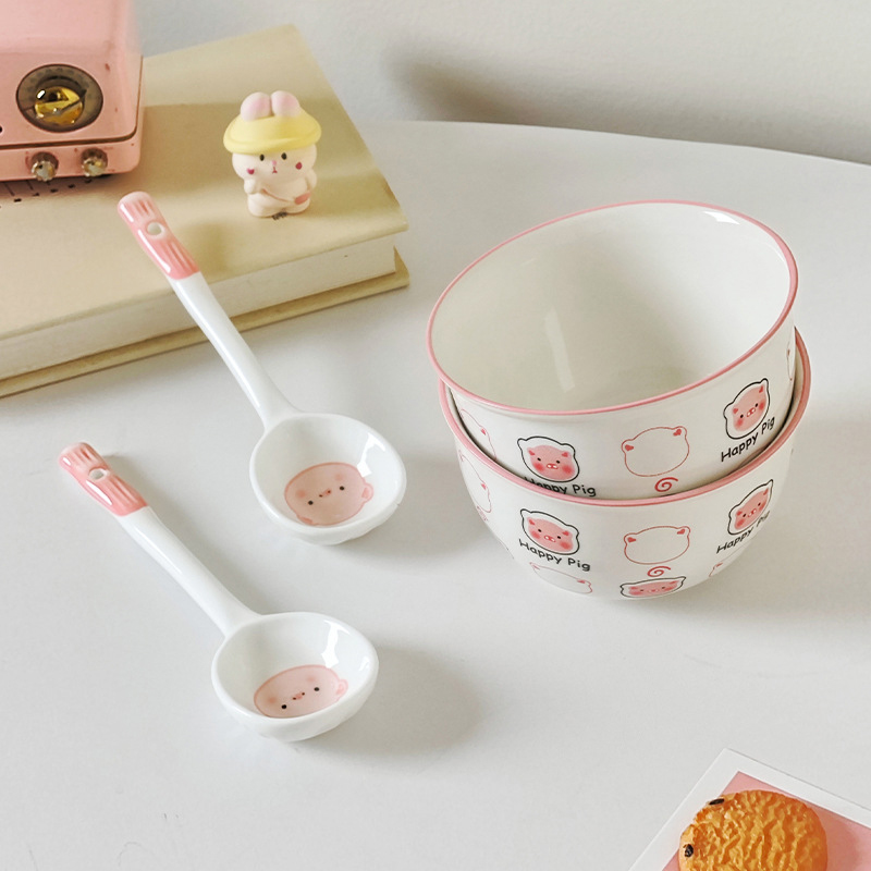 Giá sỉ set 2 Chén Sứ Cao Cấp - Bát Họa Tiết Heo Hồng Dễ Thương Kèm Muỗng 6.4x11.4cm