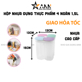Hộp Nhựa Trong Suốt Đựng Thực Phẩm Khô - Hộp Nhựa Chống Thấm Nước 4 Ngăn 1,5L 13x13x15cm - HDTP01