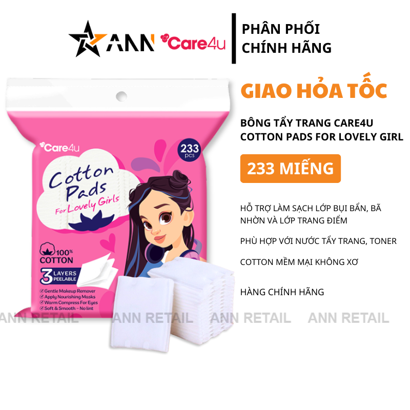 26134_3_20250319175621-1.png Bông Tẩy Trang Vuông Care4u Cotton Pads For Lovely Girl - 233 Miếng - 4973560041652