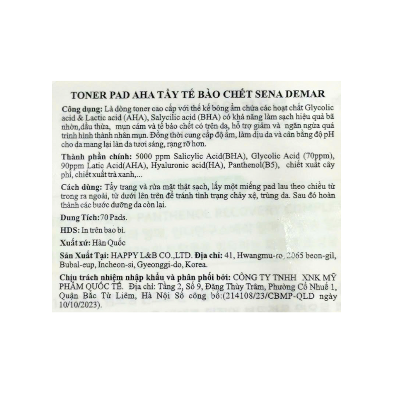 Toner Pad Aha Tẩy Tế Bào Chết Sena Demar Chính Hãng 150ml