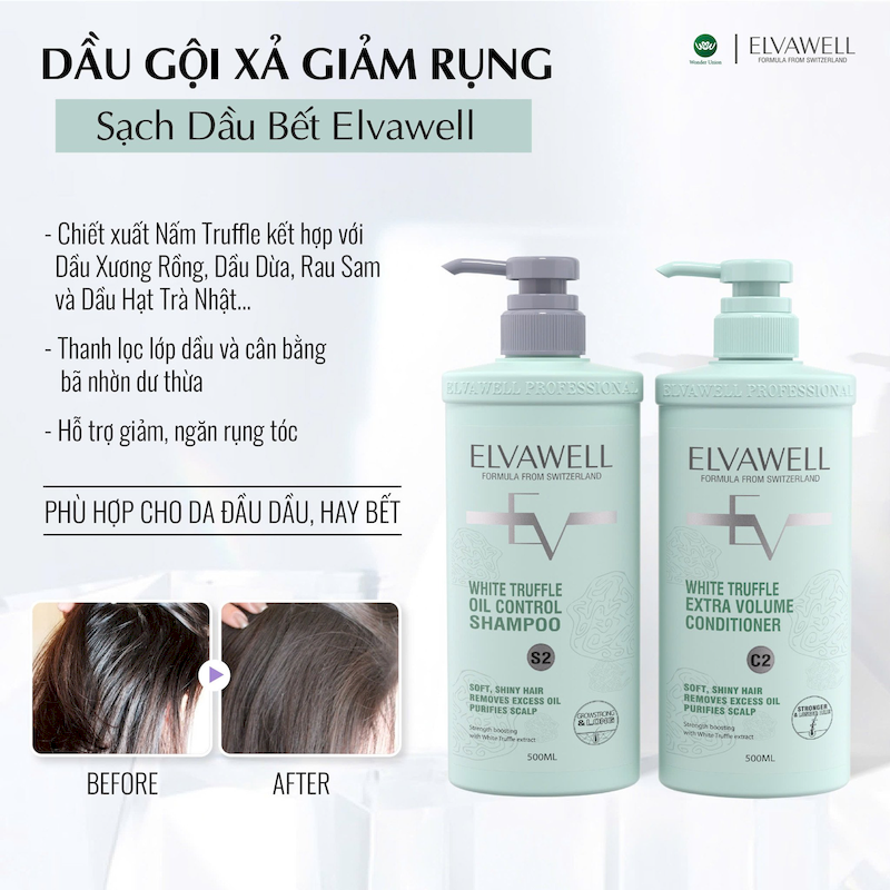 Combo Dầu Gội Xả Elvawell Màu Xanh Nấm Truffle 1000ml Hỗ Trợ Tóc Sạch Dầu Bết