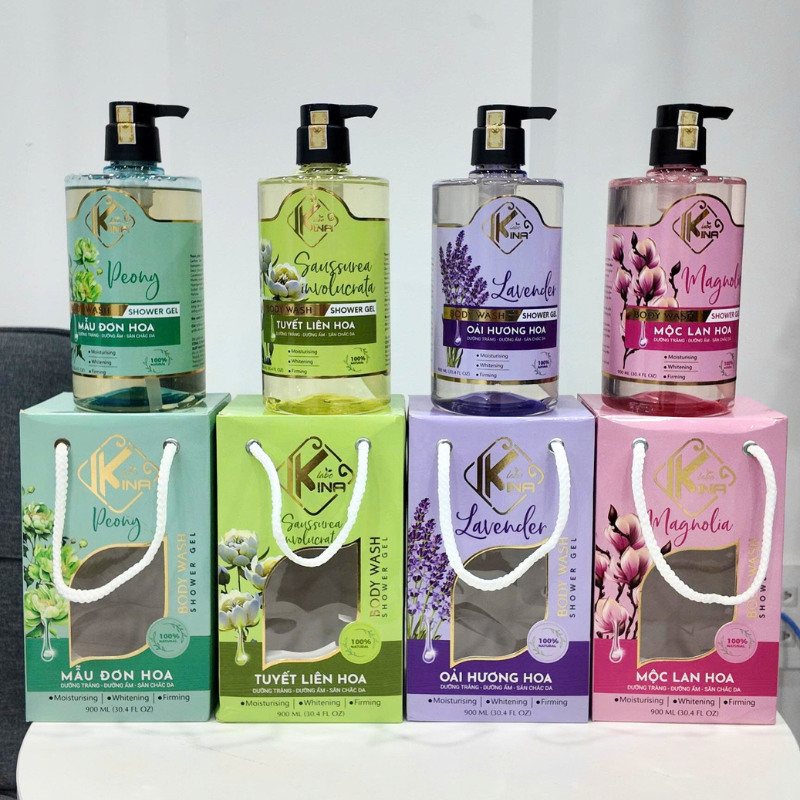 Sữa Tắm Kina Hương Nước Hoa Mẫu Đơn 900ml - Hỗ Trợ Cấp Ẩm Dưỡng Sáng Da Mịn Màng - Tặng Kèm 1 Bông Tắm