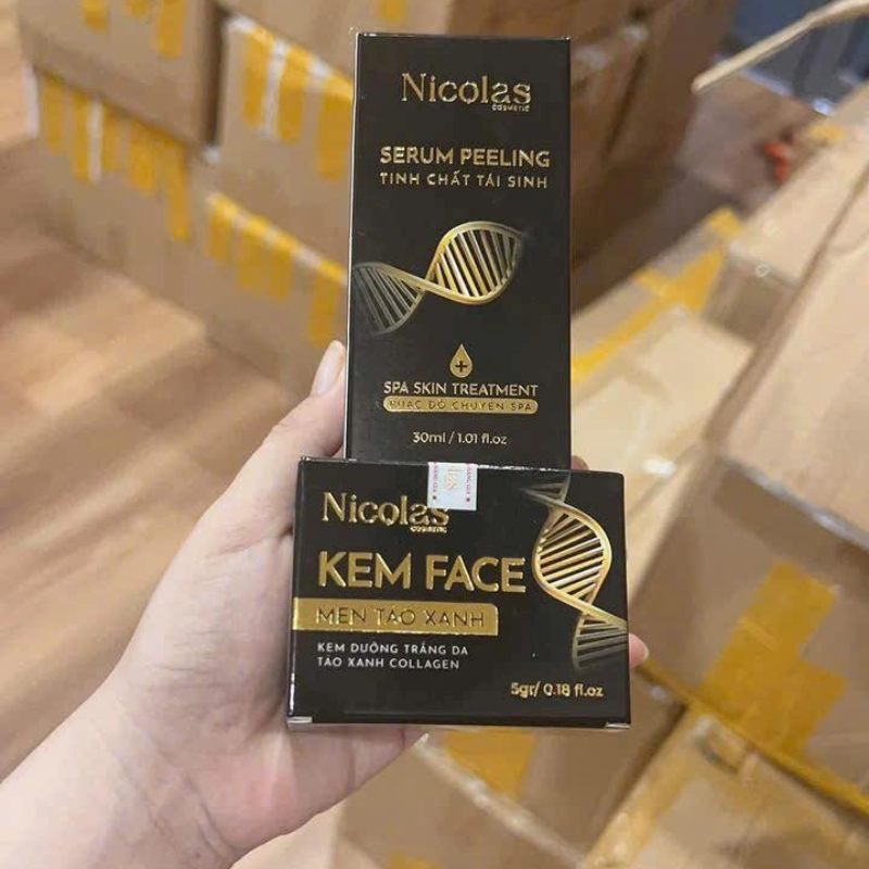 Sỉ combo Tái Sinh Nicolas - Serum Peeling 30ml & Kem Face Men Tảo Xanh Collagen 5g