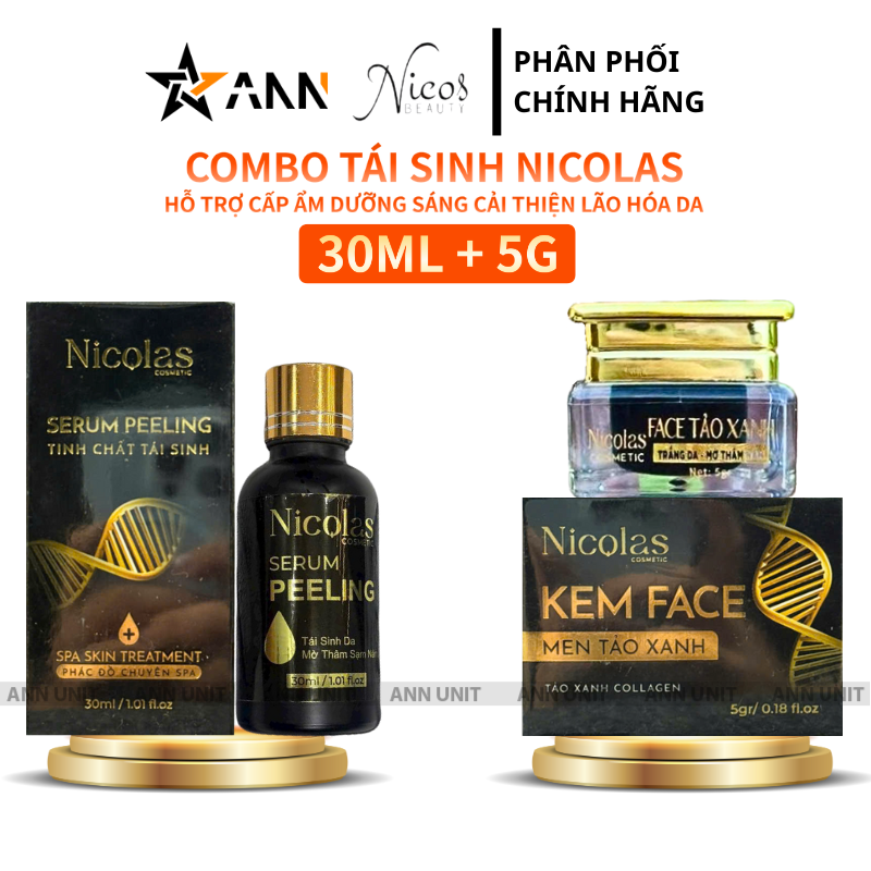 Sỉ combo Tái Sinh Nicolas - Serum Peeling 30ml & Kem Face Men Tảo Xanh Collagen 5g