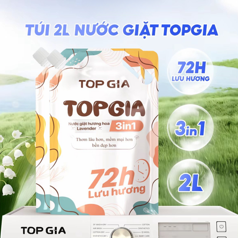 Combo 2 Túi Nước Giặt Xả Top Gia Hương Lavender 3in1 Dịu Nhẹ 2L/Túi