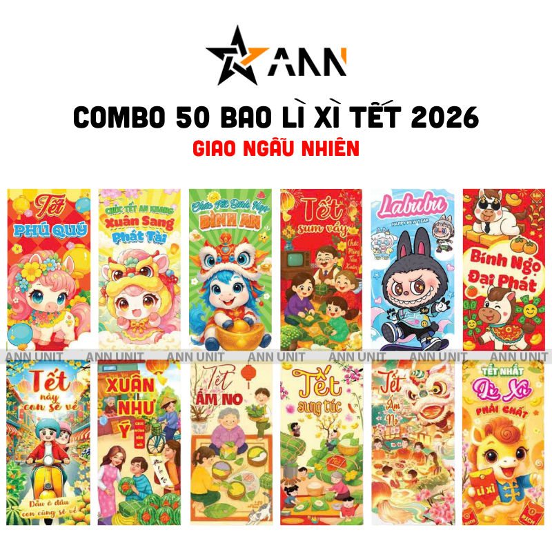 Sỉ combo 50 Bao Lì Xì Tết Bính Ngọ 2026 - Giao Mẫu Ngẫu Nhiên