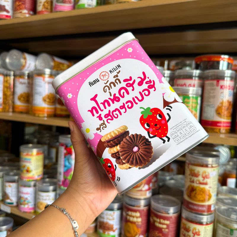 Bánh Quy Nhân Dâu Hộp Thiếc KILIN Thái Lan 400g - Hộp Hồng Trắng