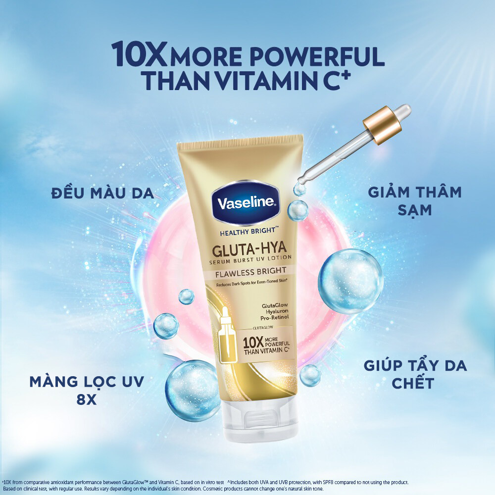 Sữa Dưỡng Thể Vaseline 10X Vàng Healthy Bright Gluta Hya Serum Flawless Glow Tốt hơn gấp 10 lần so với Vitamin C