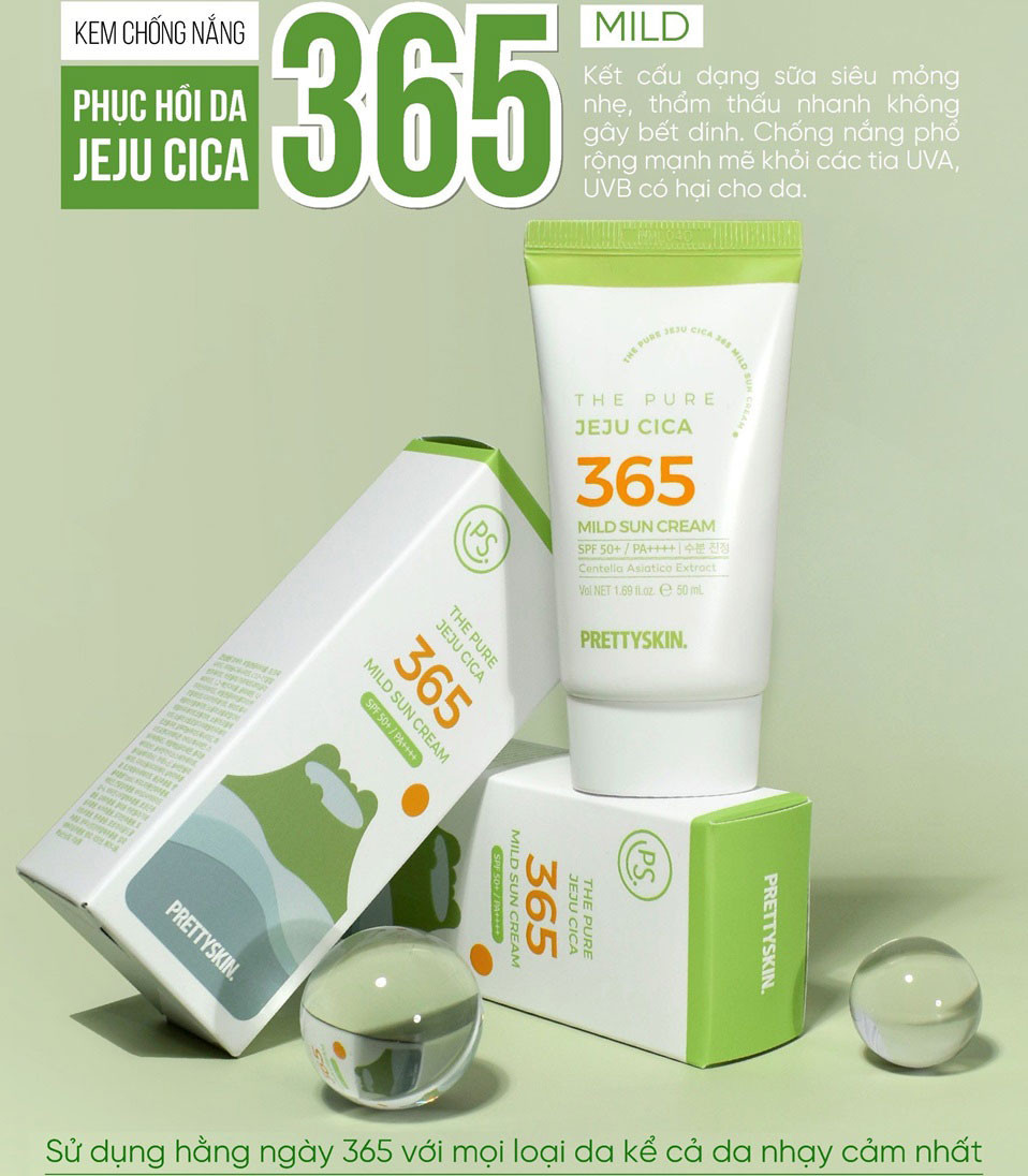 kem chống nắng rau má Pretty Skin The Pure Jeju Cica 365 Mild Sun Cream