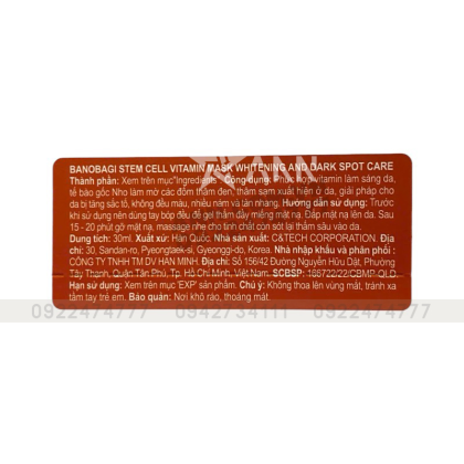 Mặt Nạ Banobagi Màu Cam Stem Cell Vitamin Mask Whitening Dark Spot Care 10 Miếng