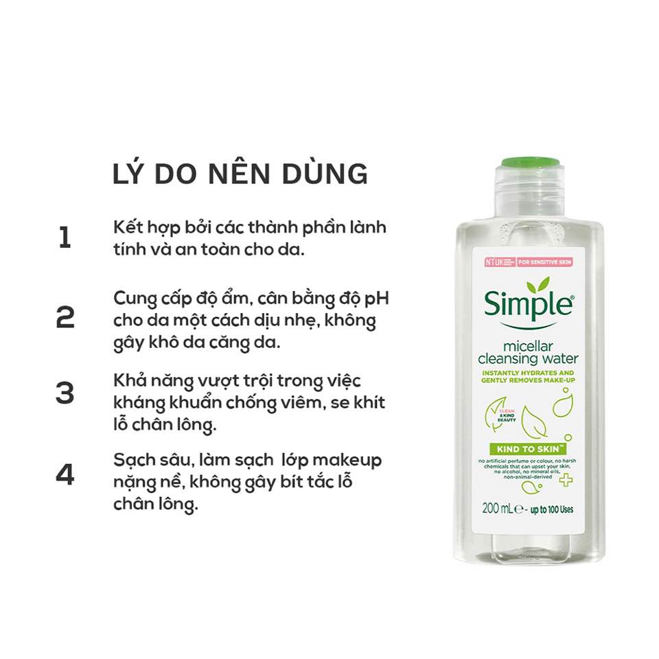 Nước Tẩy Trang Simple Kind To Skin Micellar Cleansing Water là sản phẩm tẩy trang dành cho da mặt