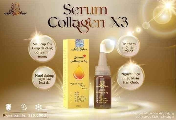  Serum collagen x3 với tinh chất  chiết xuất từ thiên nhiên .✅ Công dụng : _ Thâm , Mụn , Nám , Tàn nhang , căng bóng ._ Làm săn chắc da và chống nhăn _ Bảo vệ da 